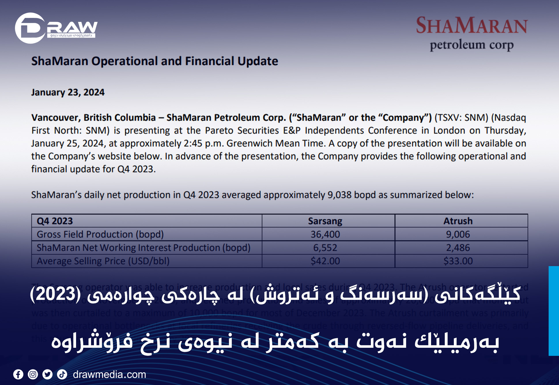  نەوتی کێڵگەکانی (سەرسەنگ و ئەتروش) لە چارەکی چوارەمی (2023)